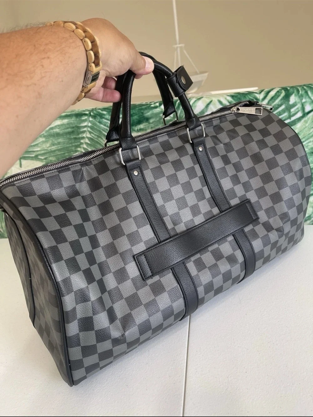 Ed Hardy Black & Gray Checkered Duffel with Colorful Eagle Heart Graphic